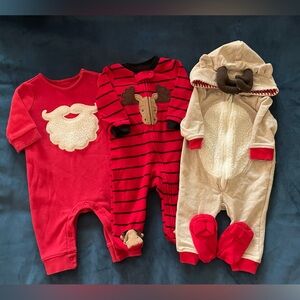 Lot of 3 Infant Christmas Pajamas and Booties, Size 0-3 Months